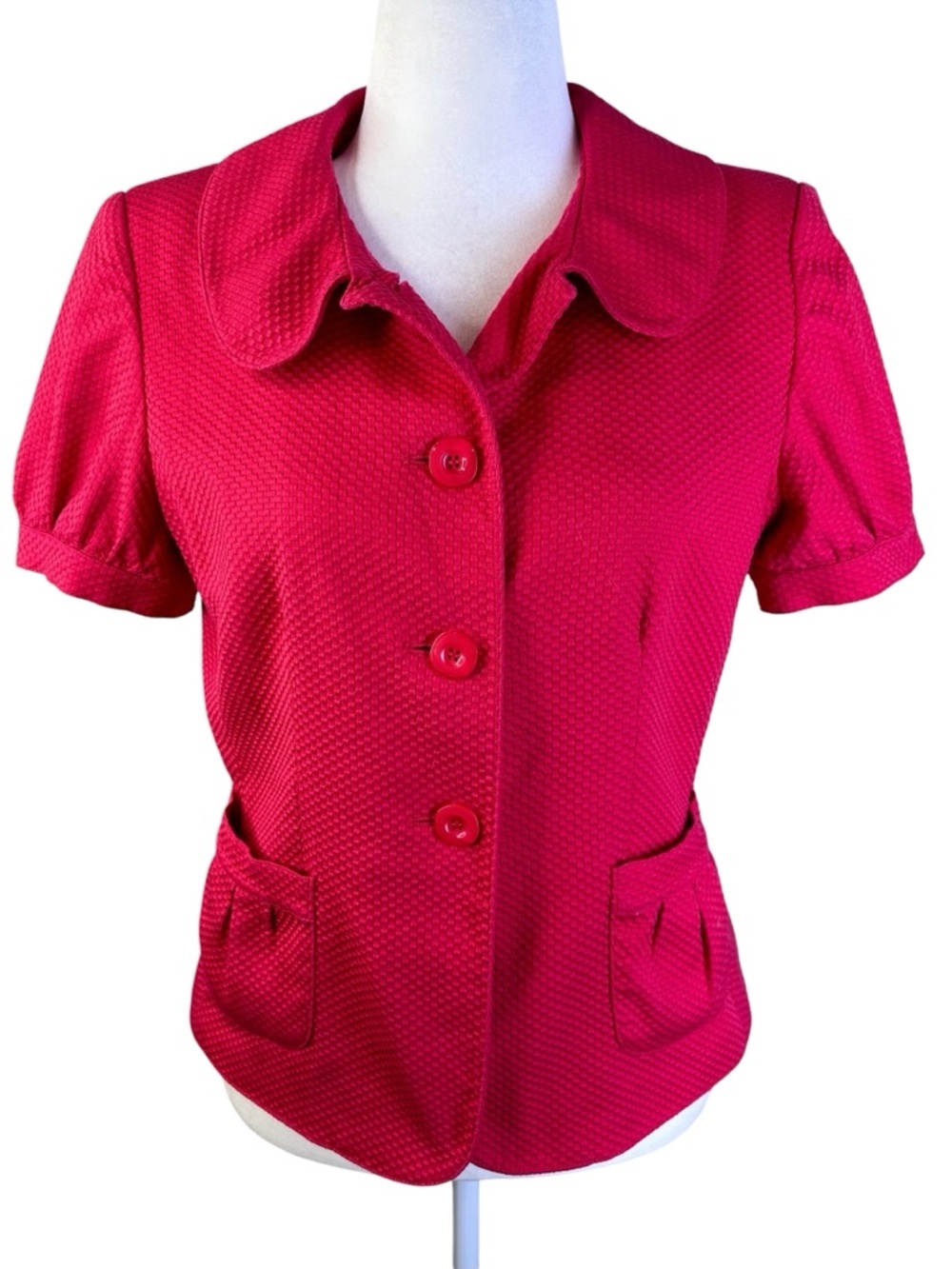 Le Suit Red Textured Short-Sleeve Button Front Blazer Size 12